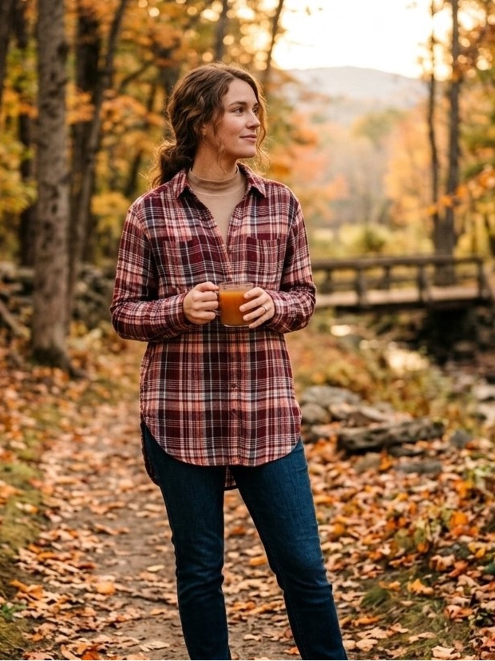 PILCRO Hadley Burgundy and White Plaid Oversized Button-Down Shirt